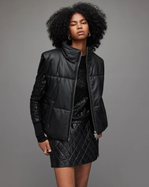 Allsaints Bradbury Läder Puffer Gilet Jacka Dam Svarta | SE.WL048X-5