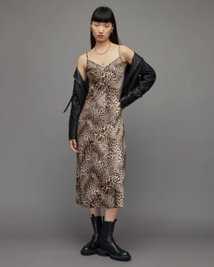 Allsaints Bryony Kiku Midi Klänning Dam Bruna | SE.WD362Y-7465