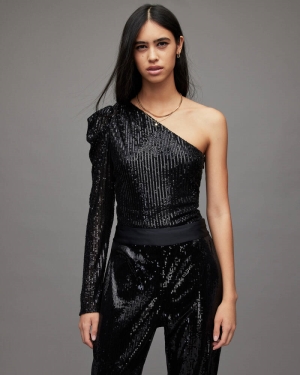 Allsaints Daphne Sequin Bodysuit T-shirt Dam Svarta | SE.WM166X-5