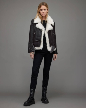 Allsaints Luna 4 In 1 Shearling Biker Jacka Dam Svarta Beige | SE.WL086R-2610
