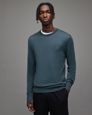 Allsaints Mode Merino Crew Jumper Stickat Herr Grå Blå | SE.MK058X-4777