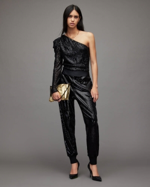 Allsaints Soraya High Rise Relaxed Sequin Leggings Dam Svarta | SE.WP033X-5