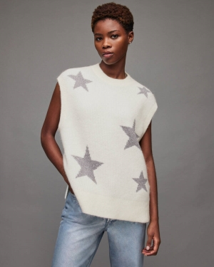 Allsaints Star Jacquard Tank Stickat Dam Vita Silver | SE.WK069X-7773
