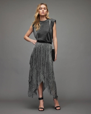 Allsaints Veena Tulle Shimmer Midi Kjolar Dam Silver | SE.WS044X-34
