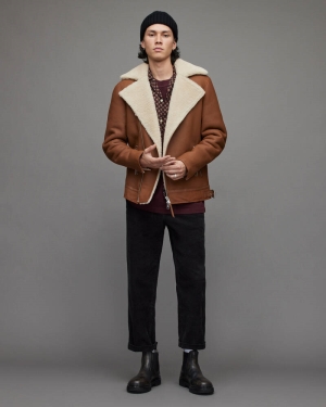 Allsaints Xander Shearling Biker Jacka Herr Bruna Beige | SE.ML082X-5980